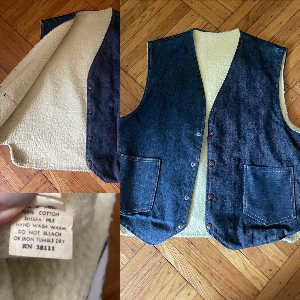 Dark Vintage denim vest .USA made. Sherpa lining. 100% cotton L 46 unisex